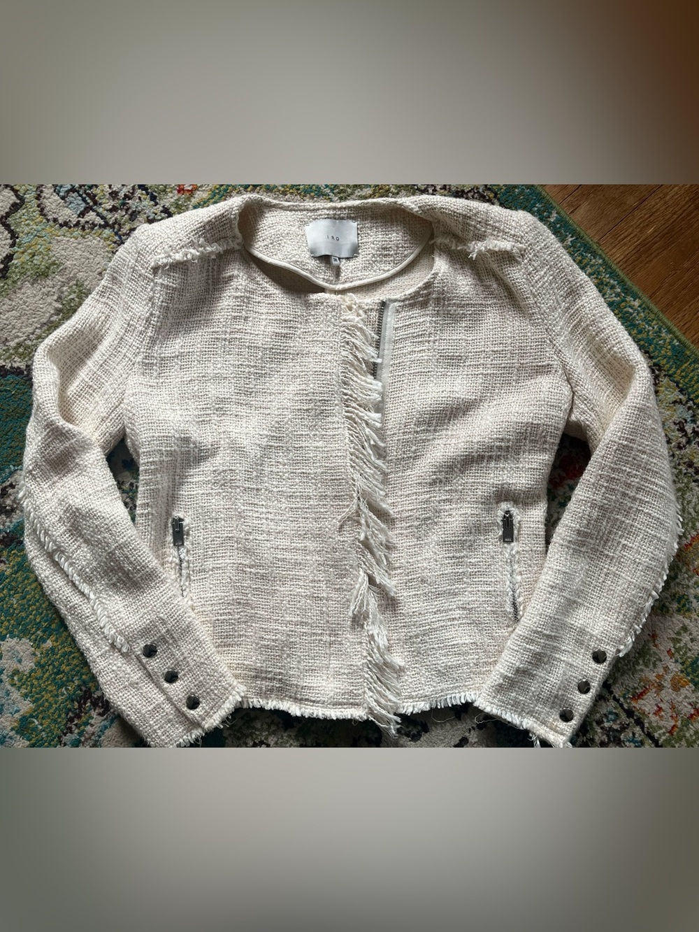 IRO Cream Bouclé Fringed Zip Jacket